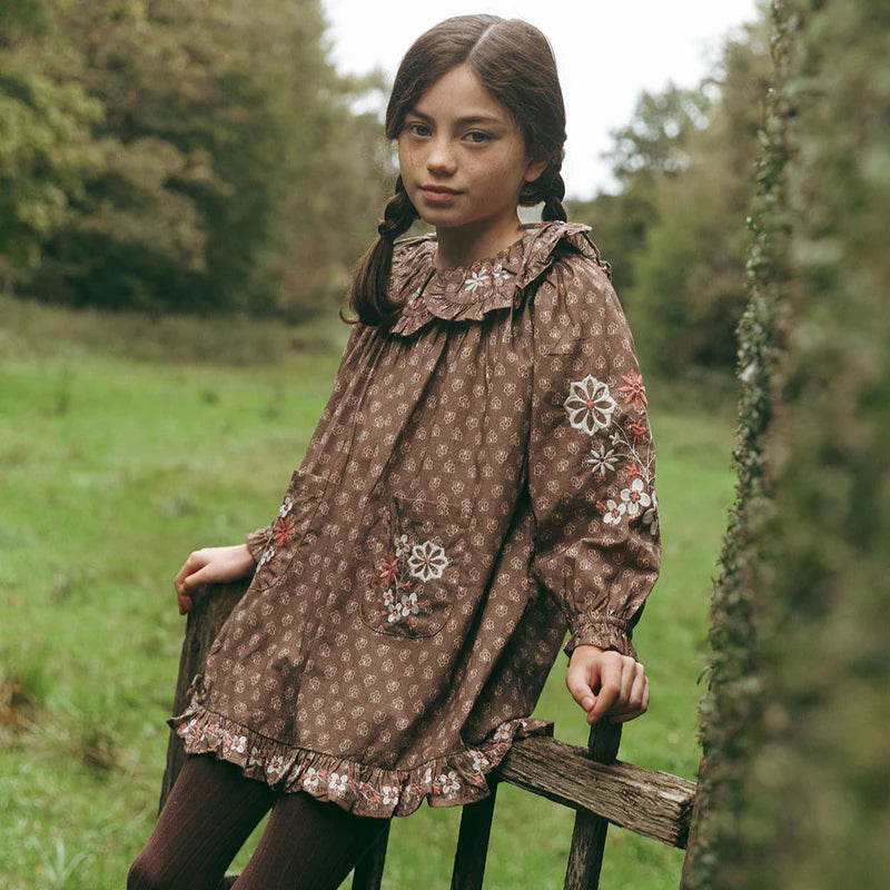 brown block print dress Caramel Brown Pink Floral Hand Block Printed Cotton Maxi Dress Indian Boho Tiered Long Dress