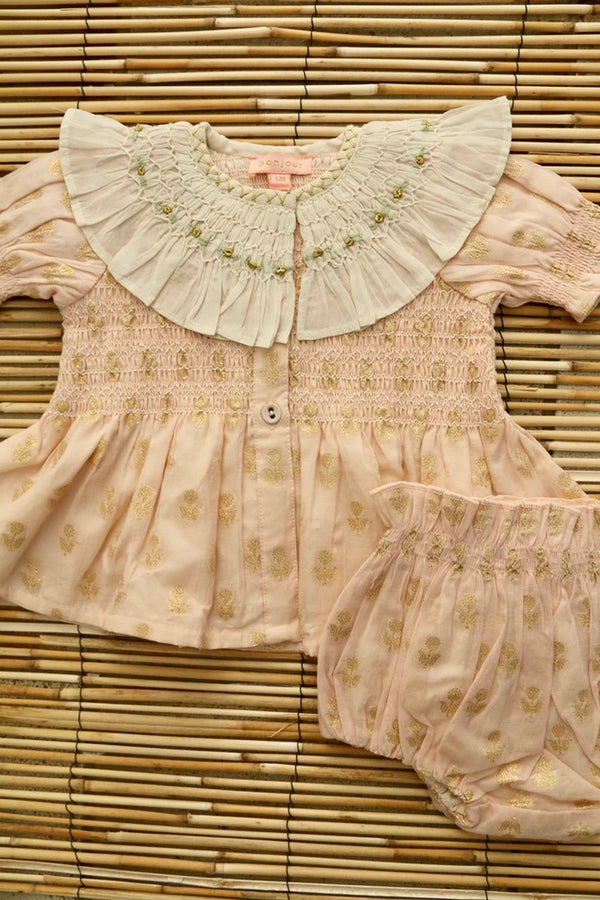 【美品】Bonjour diary 2Y blouse BONJOUR DIARY BABY SET / GOLDEN FLOWER ON NUDE PINK - Milk +