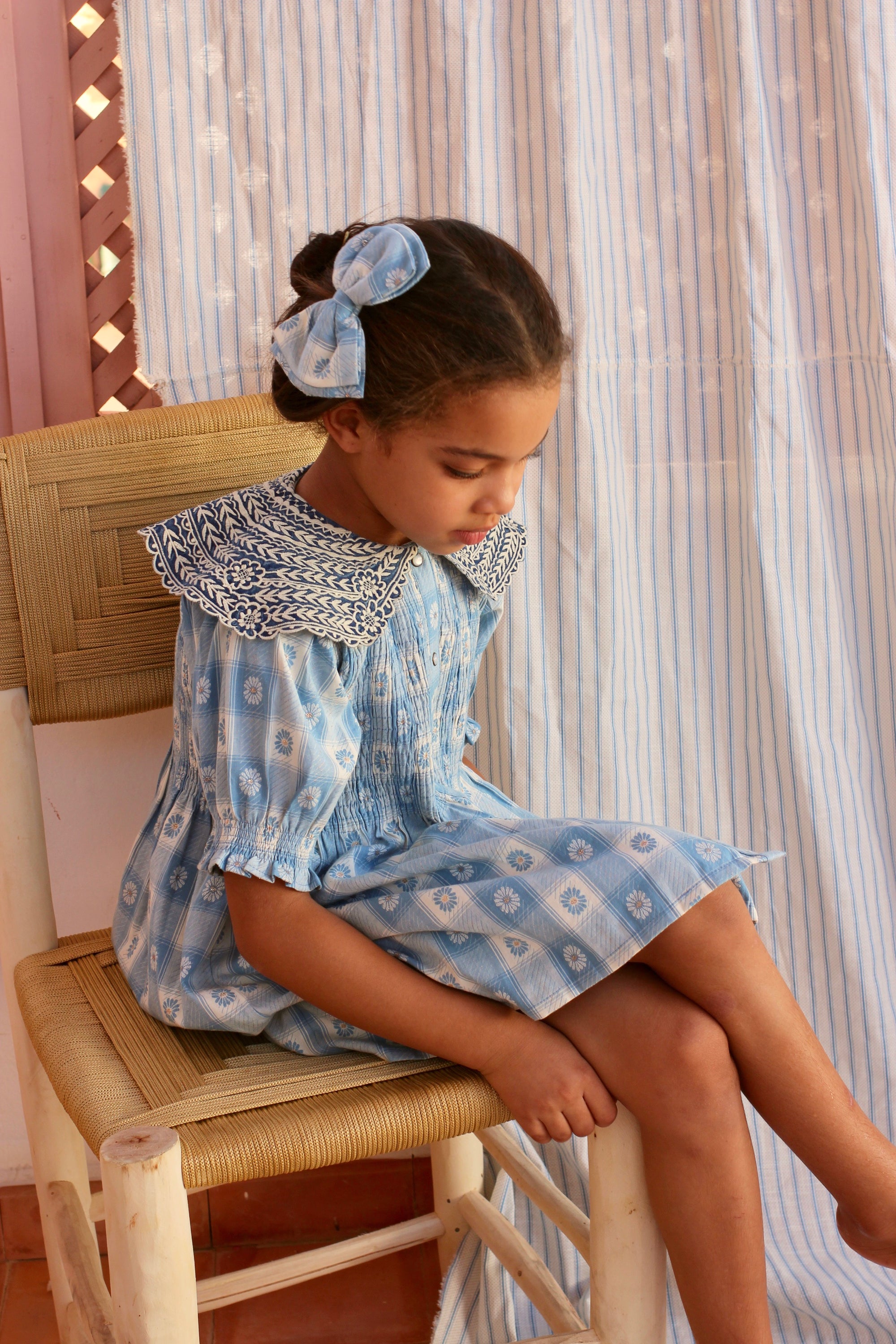 BONJOUR DIARY TUNIC + HAIR CLIP / BLUE JACQUARD FLOWER CHECK