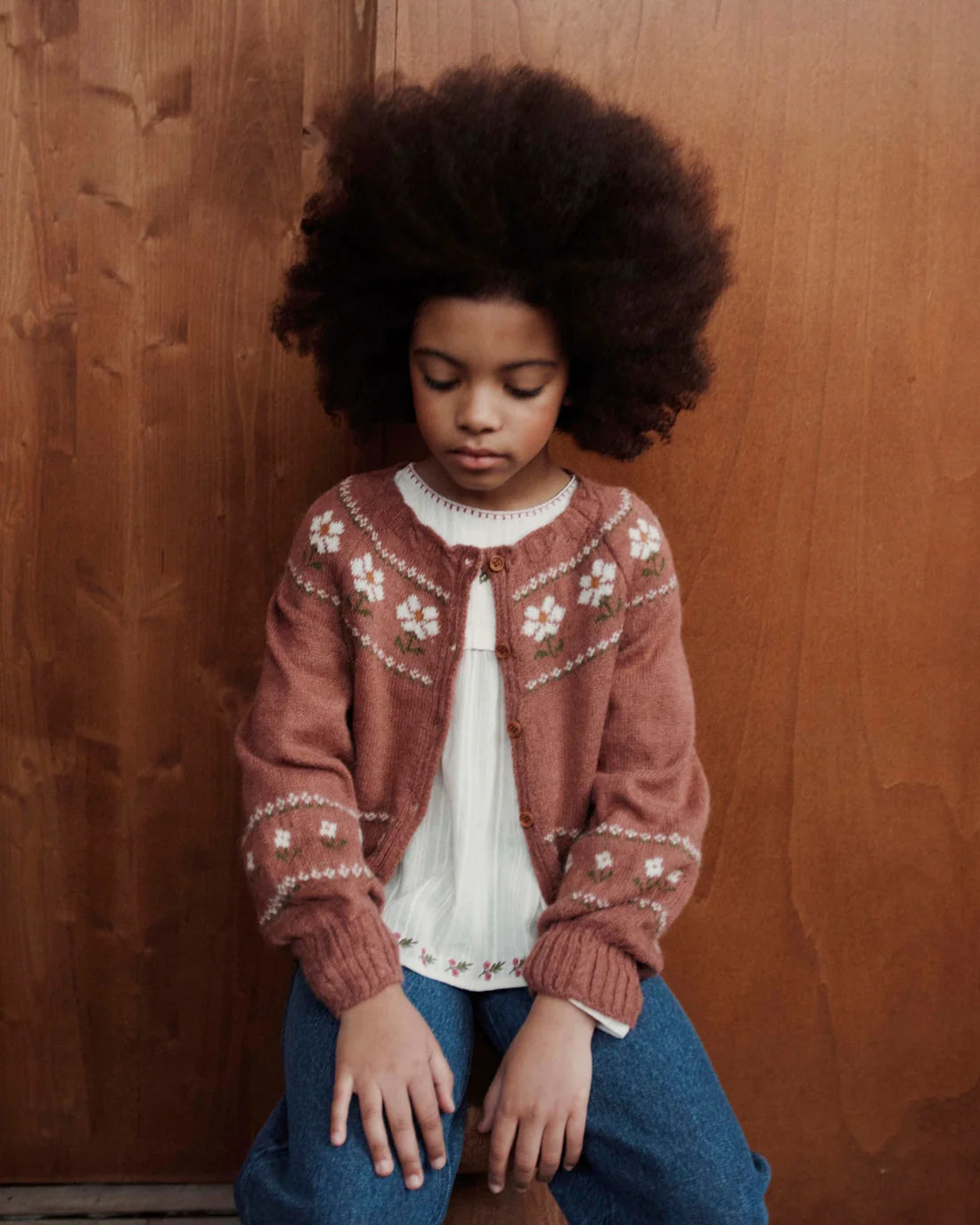 EMILE ET IDA Rosewood daisy jacquard cardigan / MARGUERITE