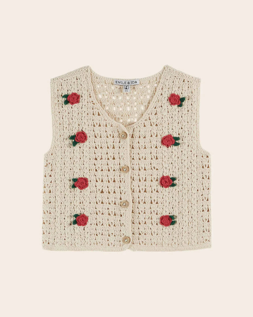 EMILE ET IDA CROCHET EMBROIDERED CARDIGAN VEST - Milk + Bots