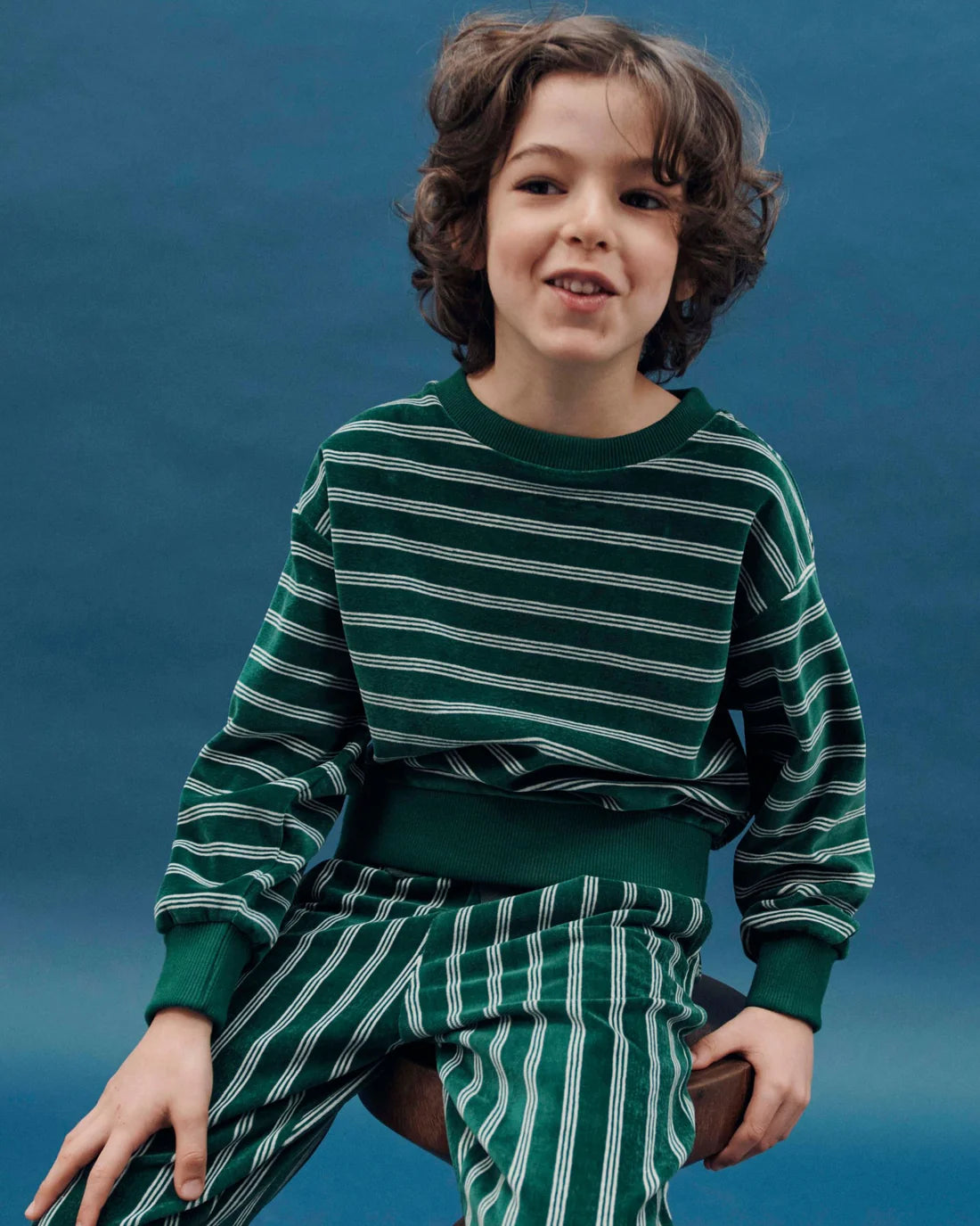 EMILE ET IDA Striped velvet sweatshirt / DARK GREEN