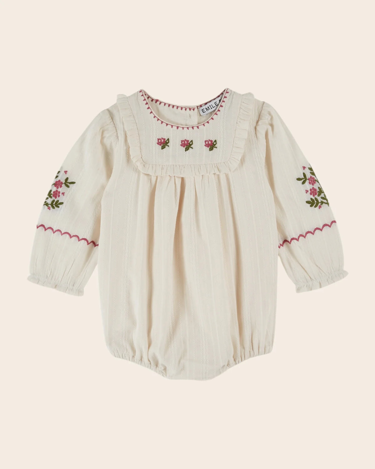 EMILE ET IDA CREAM FLORAL EMBROIDERED ROMPER / ROSE