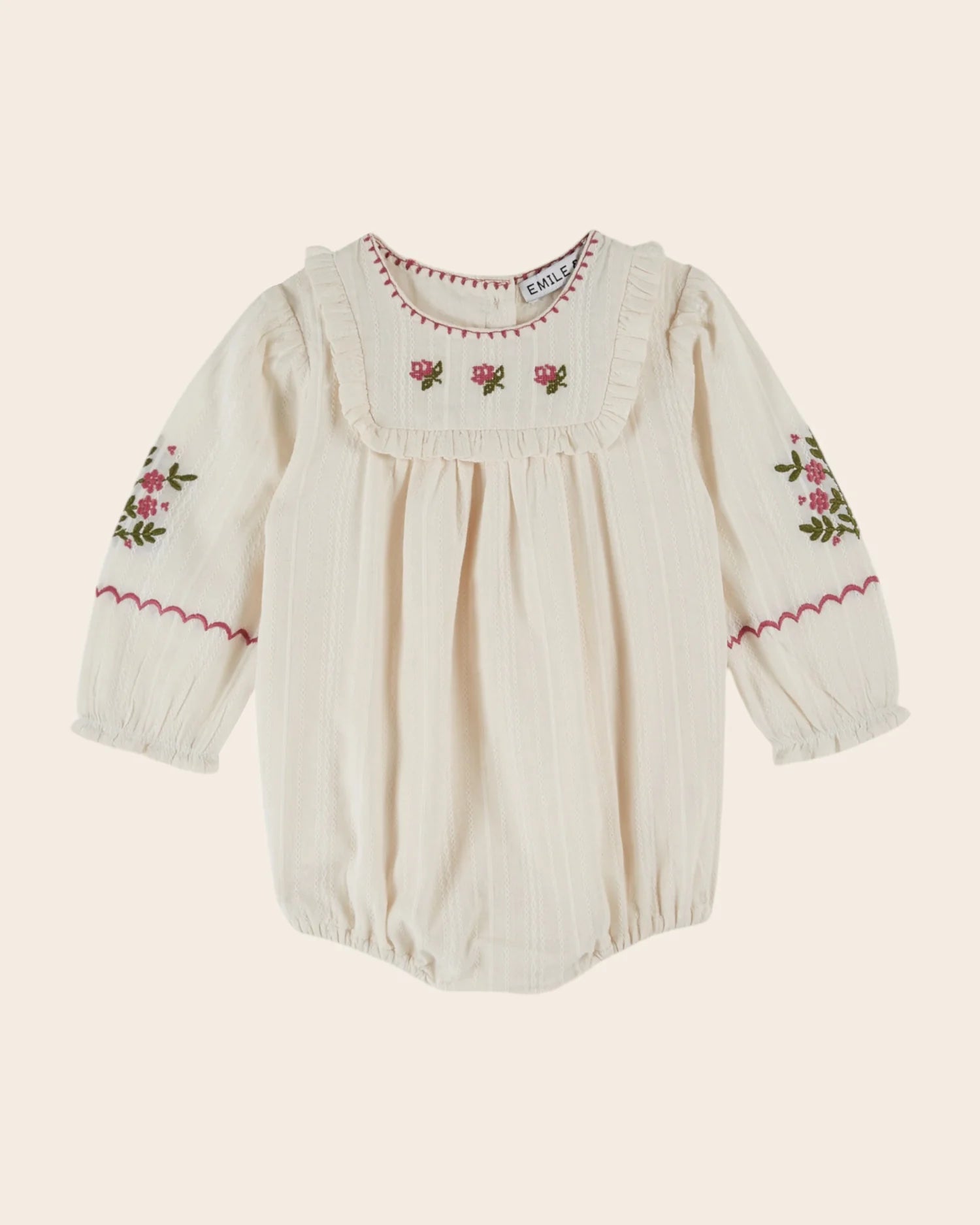 EMILE ET IDA CREAM FLORAL EMBROIDERED ROMPER / ROSE