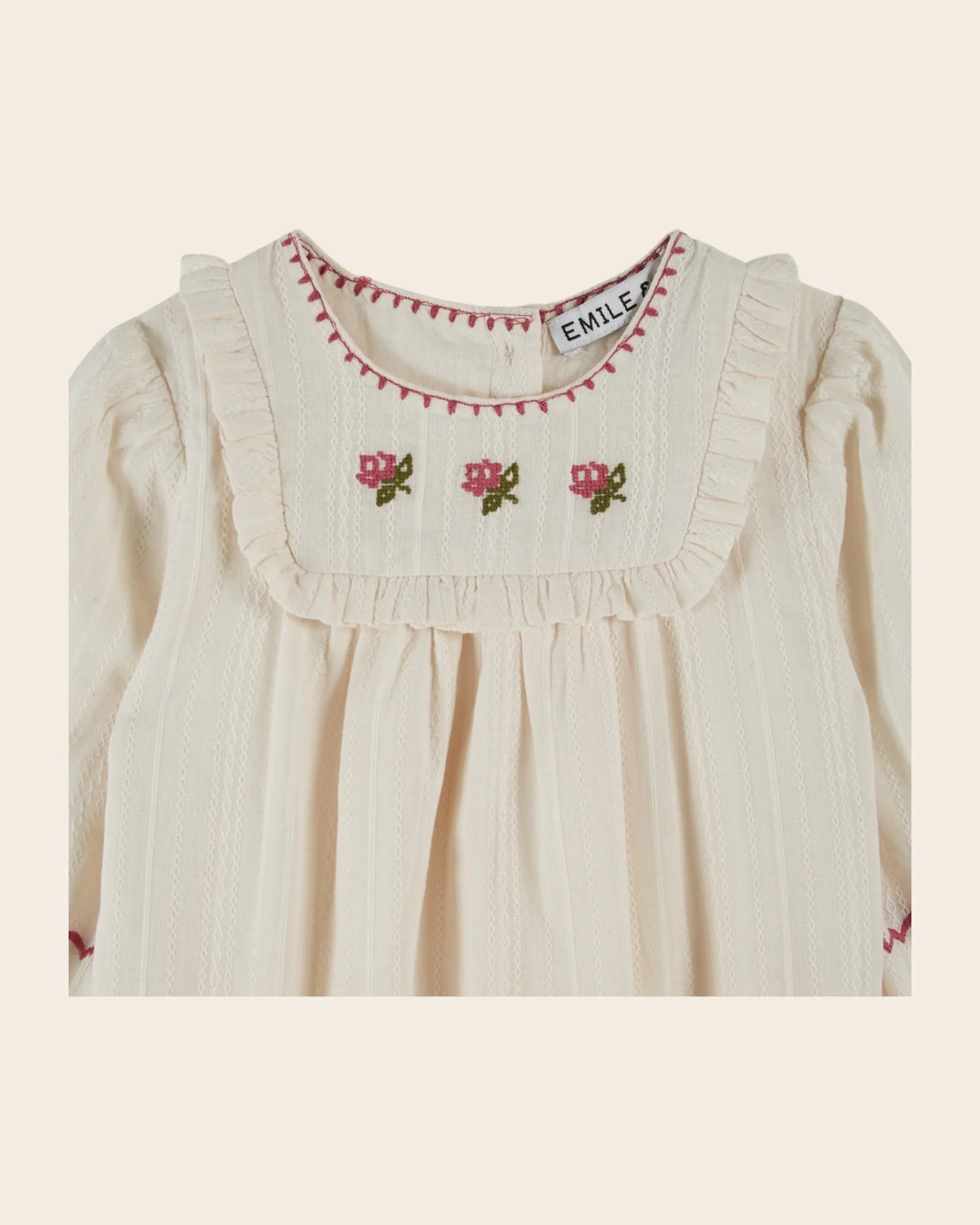 EMILE ET IDA CREAM FLORAL EMBROIDERED ROMPER / ROSE