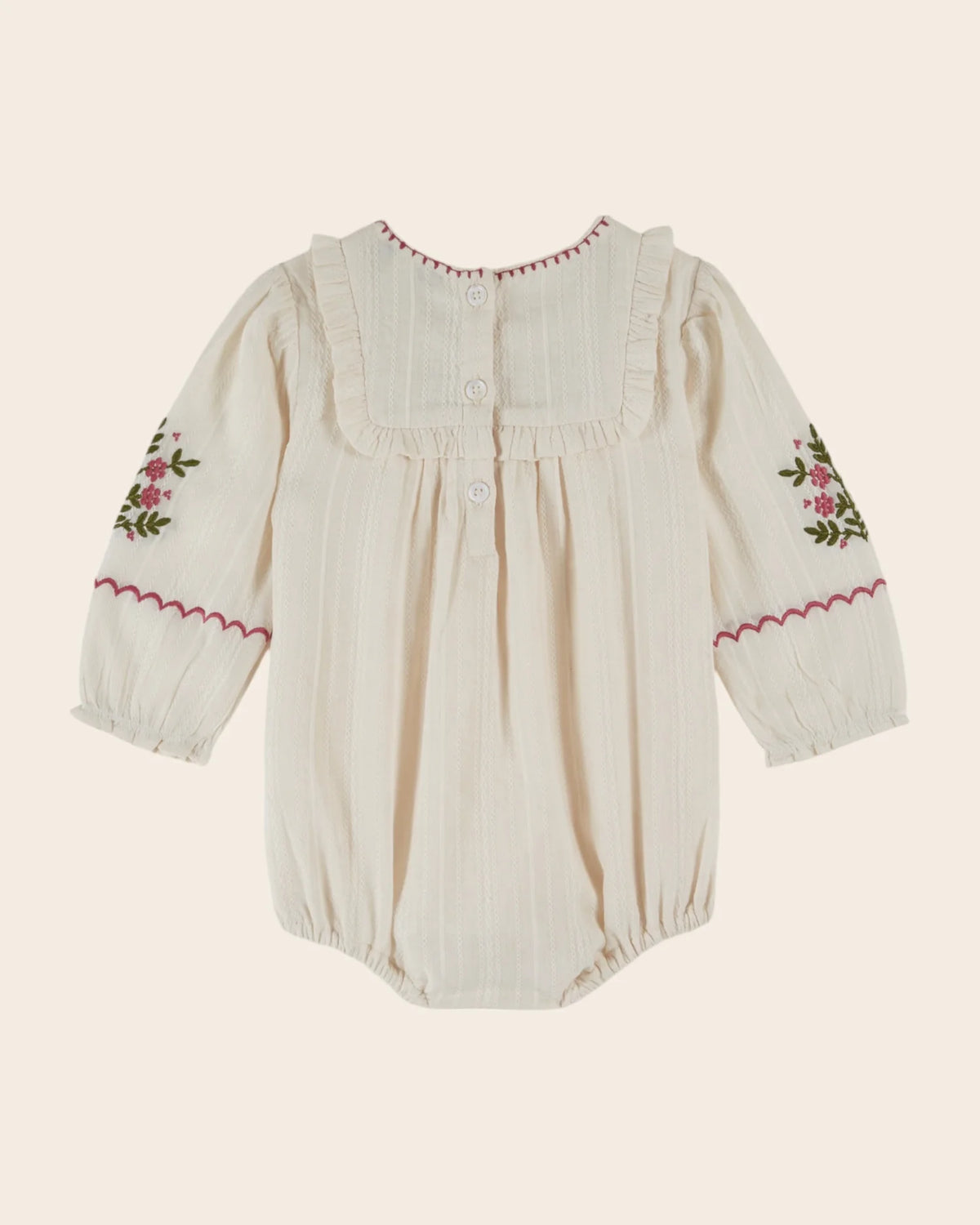 EMILE ET IDA CREAM FLORAL EMBROIDERED ROMPER / ROSE