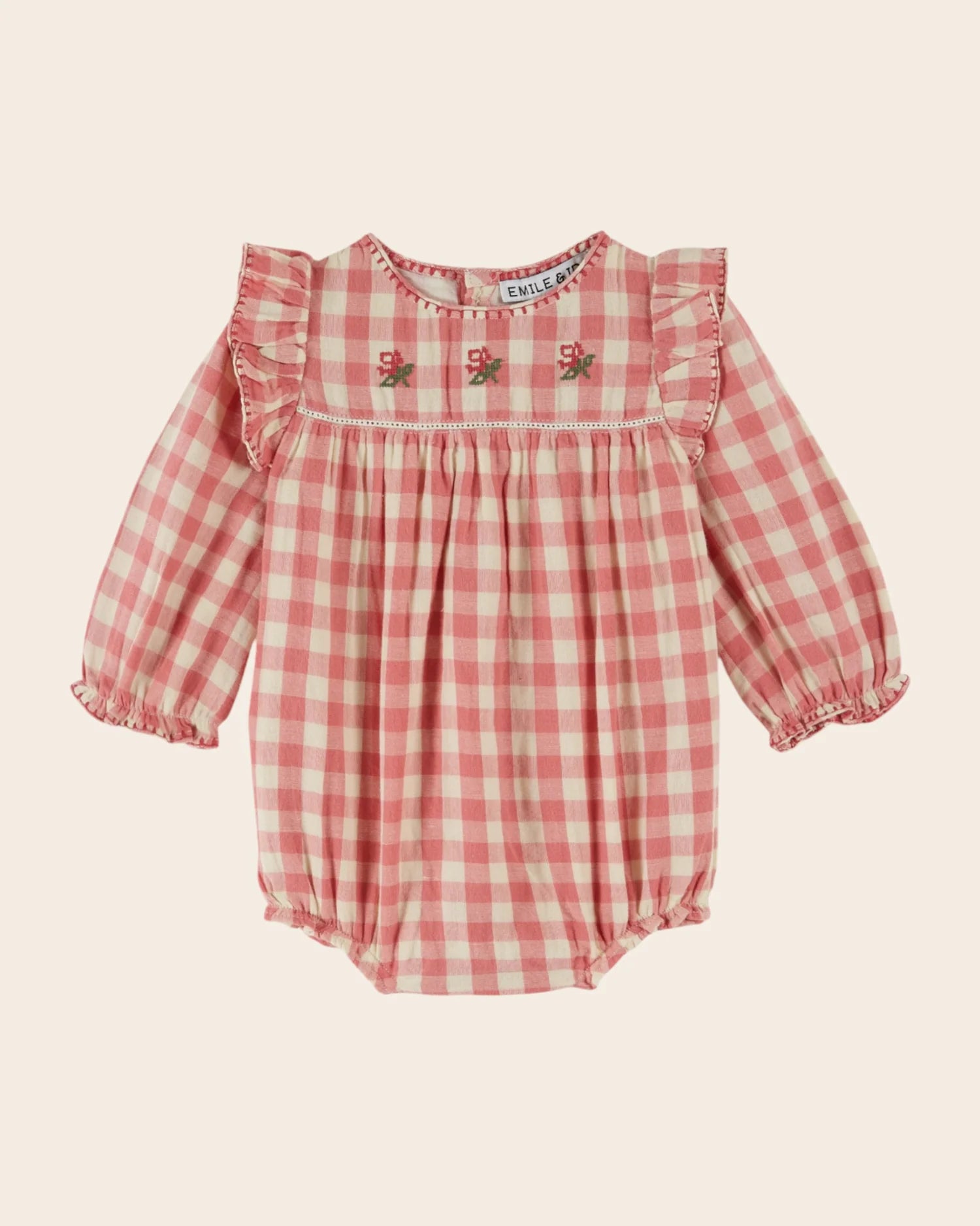 EMILE ET IDA GINGHAM EMBROIDERED ROMPER / PINK CHECK