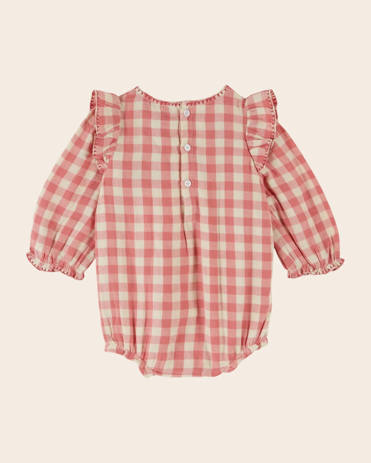 EMILE ET IDA GINGHAM EMBROIDERED ROMPER / PINK CHECK