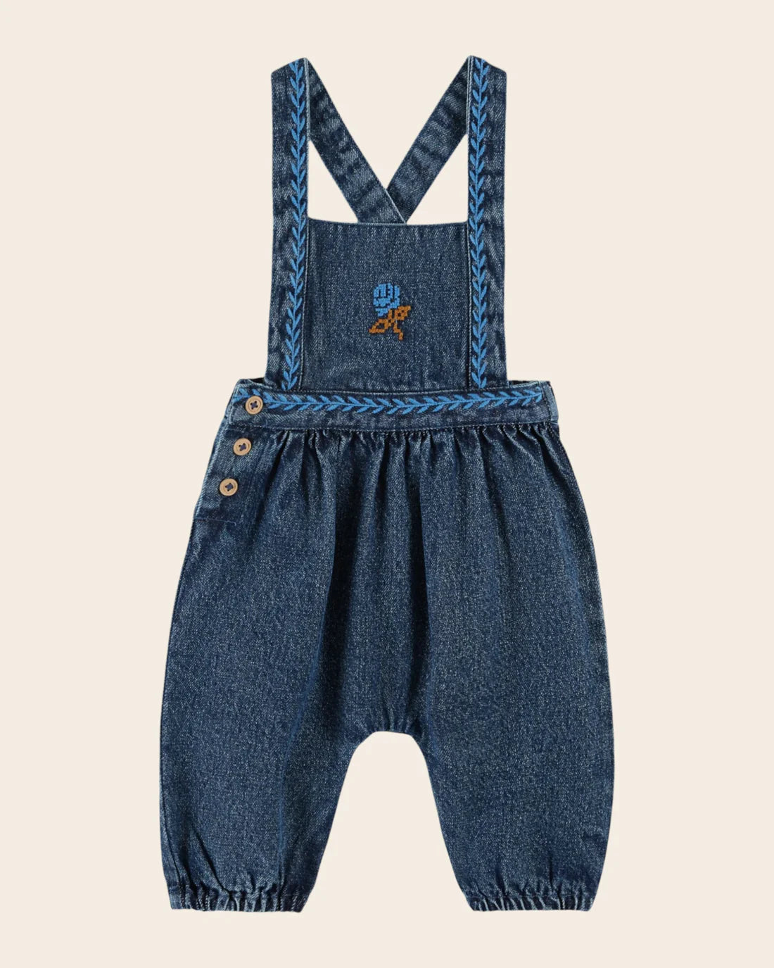 EMILE ET IDA Blue denim embroidered overalls / BABY