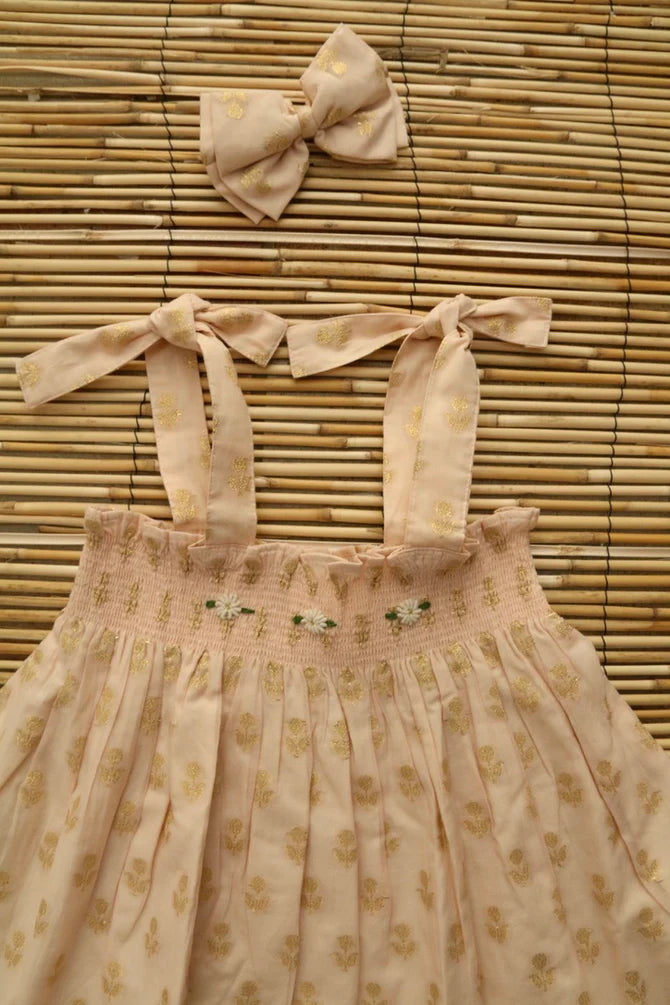 BONJOUR DIARY SKIRT DRESS + BOW / GOLDEN FLOWERS NUDE PINK