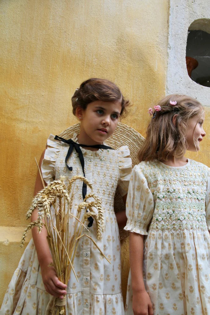 【Kid's】Bonjour Diary smocked blouse BONJOUR DIARY LONG SMOCKED BLOUSE / GOLD FLOWERS IVORY