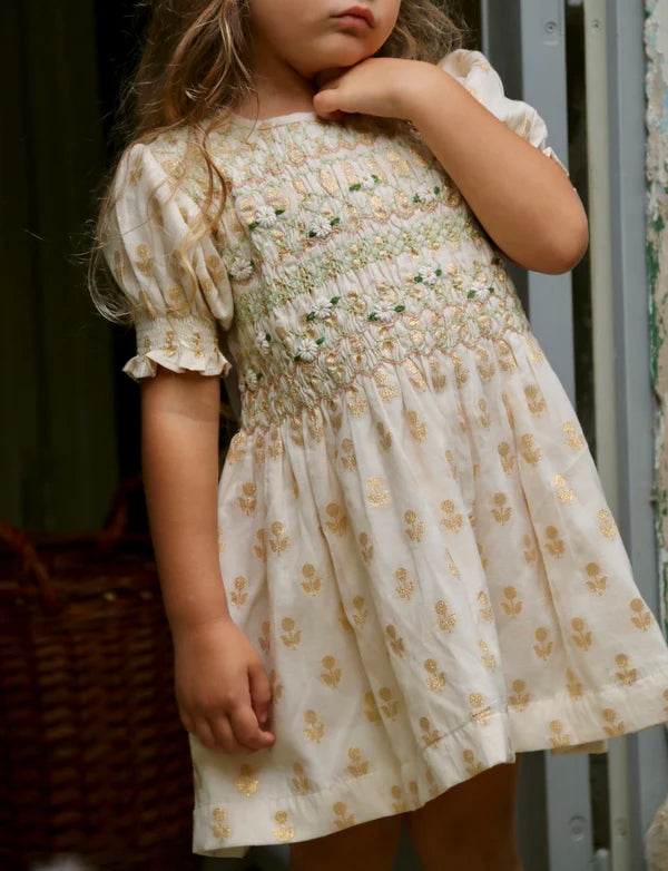 BONJOUR DIARY LONG SMOCKED BLOUSE / GOLD FLOWERS IVORY