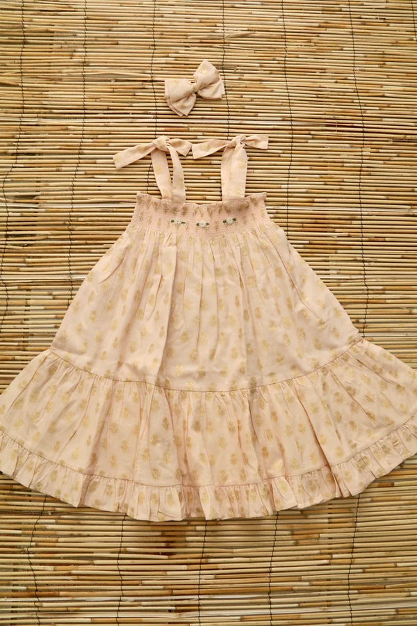 BONJOUR DIARY SKIRT DRESS + BOW / GOLDEN FLOWERS NUDE PINK