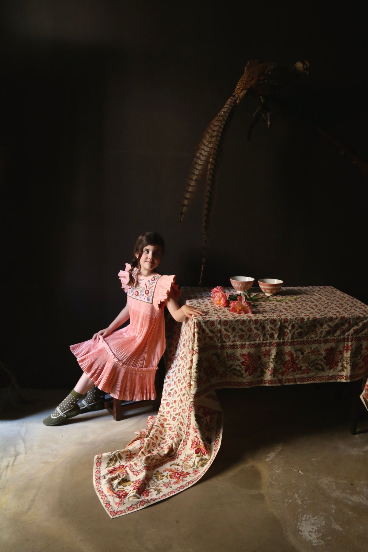 BONJOUR DIARY pleated taffeta embroidered dress / PINK