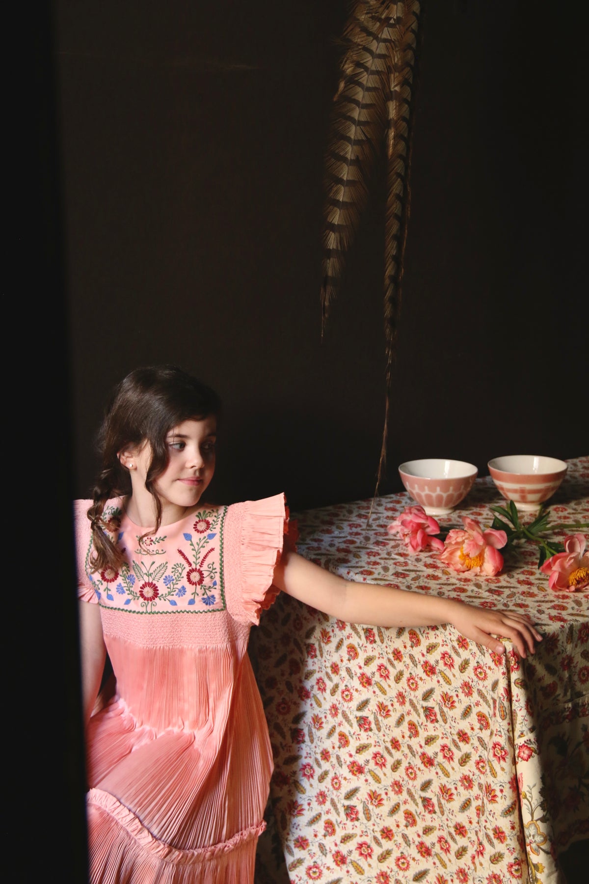 BONJOUR DIARY pleated taffeta embroidered dress / PINK