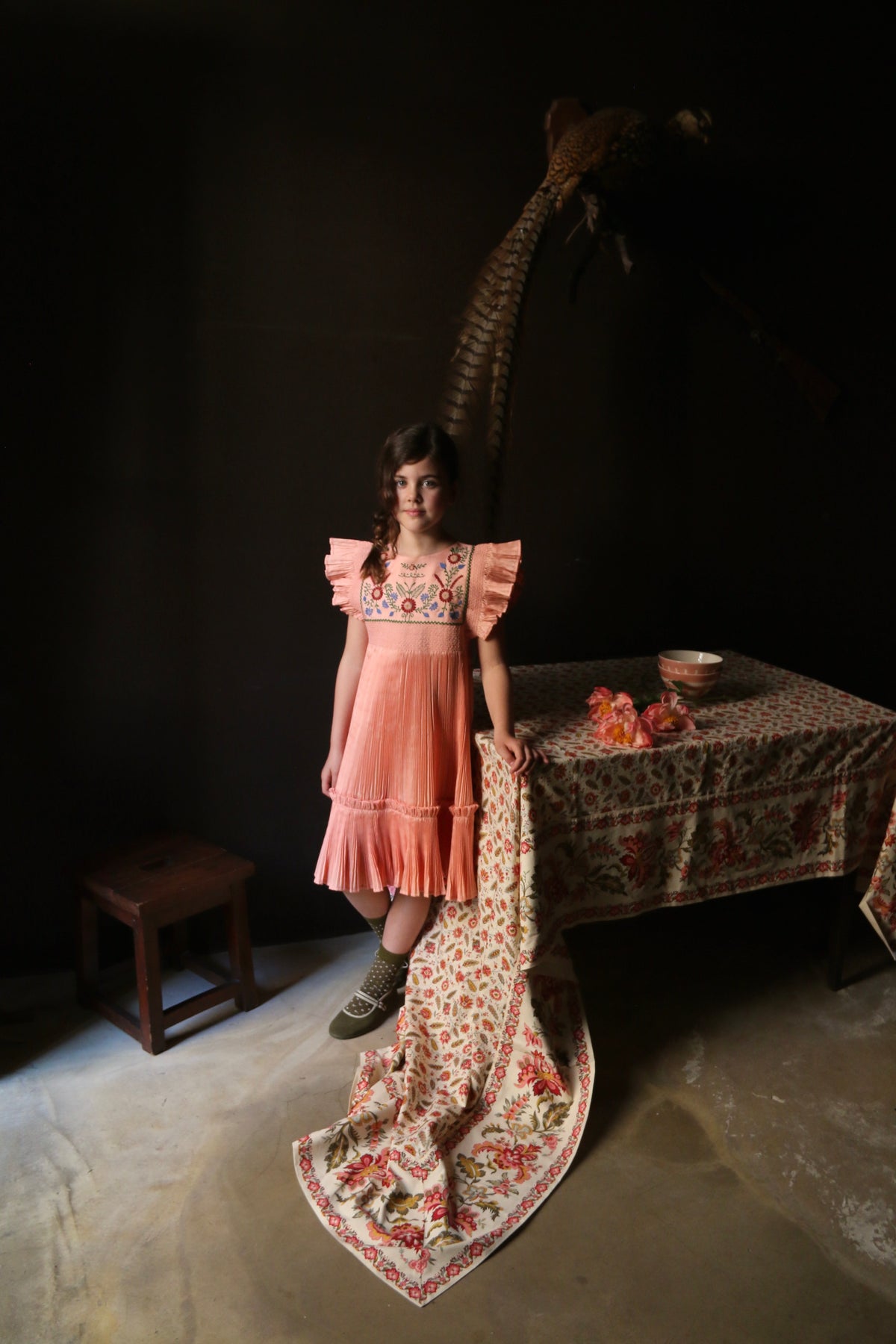 BONJOUR DIARY pleated taffeta embroidered dress / PINK