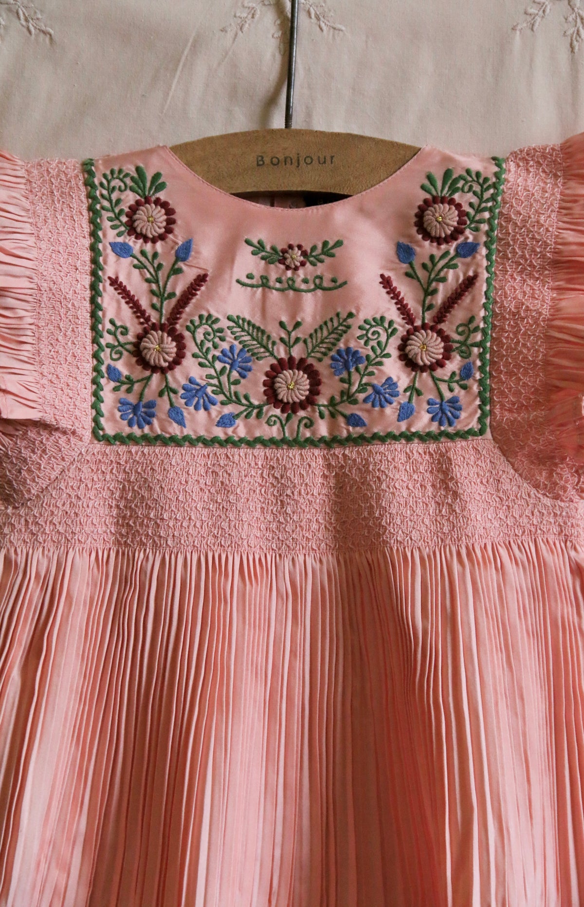 BONJOUR DIARY pleated taffeta embroidered dress / PINK