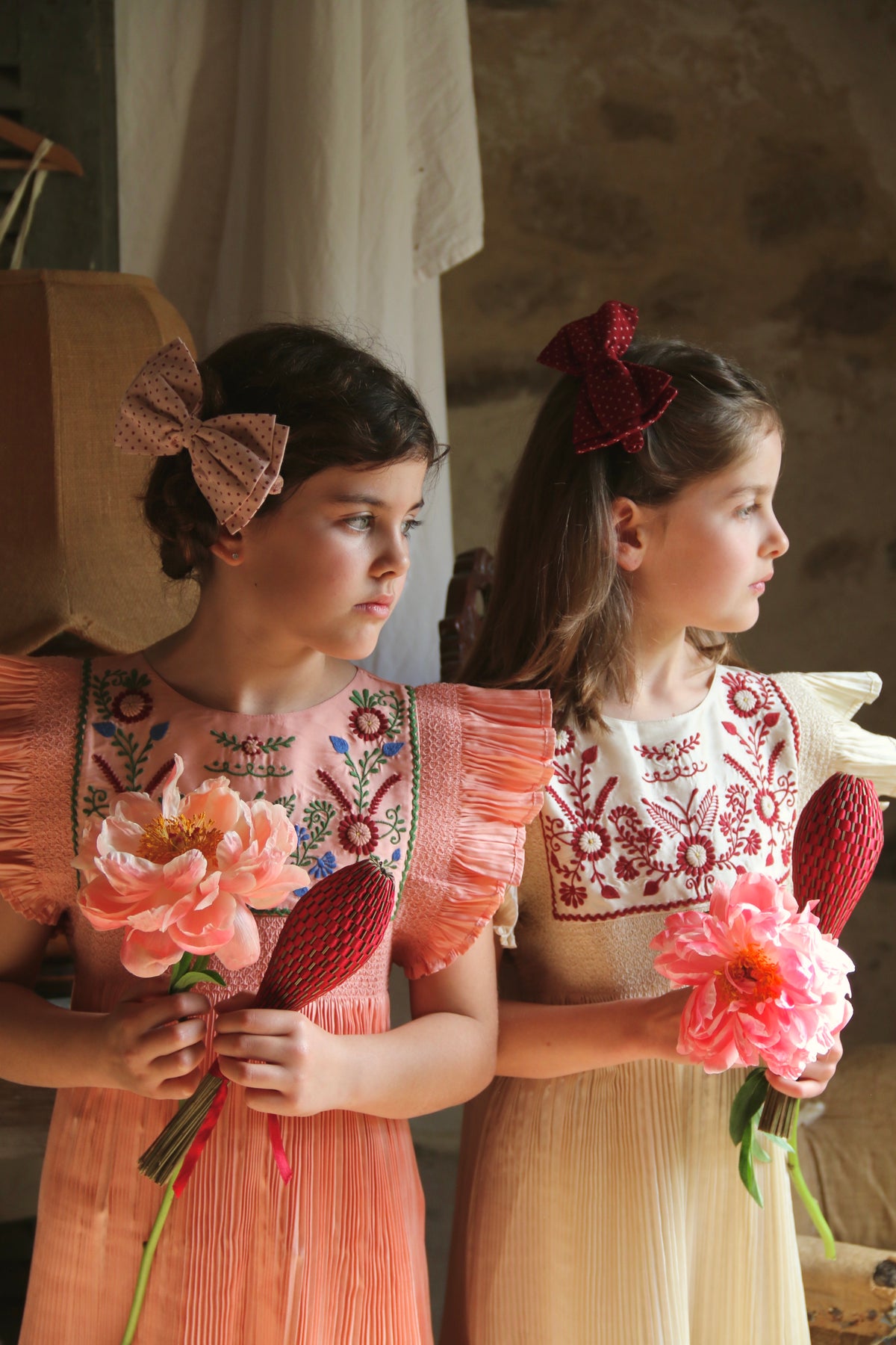 BONJOUR DIARY pleated taffeta embroidered dress / PINK