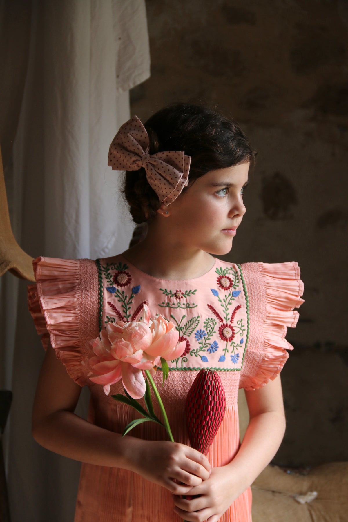 BONJOUR DIARY pleated taffeta embroidered dress / PINK