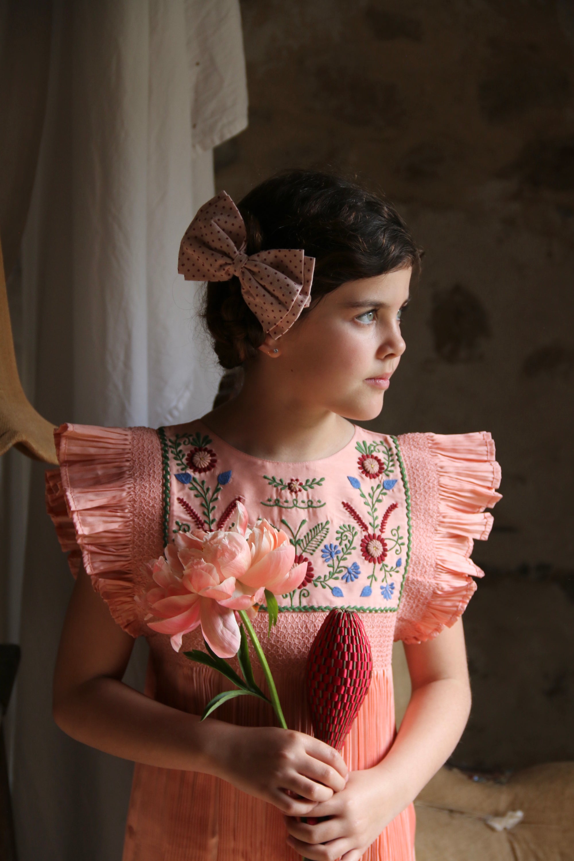 BONJOUR DIARY pleated taffeta embroidered dress / PINK