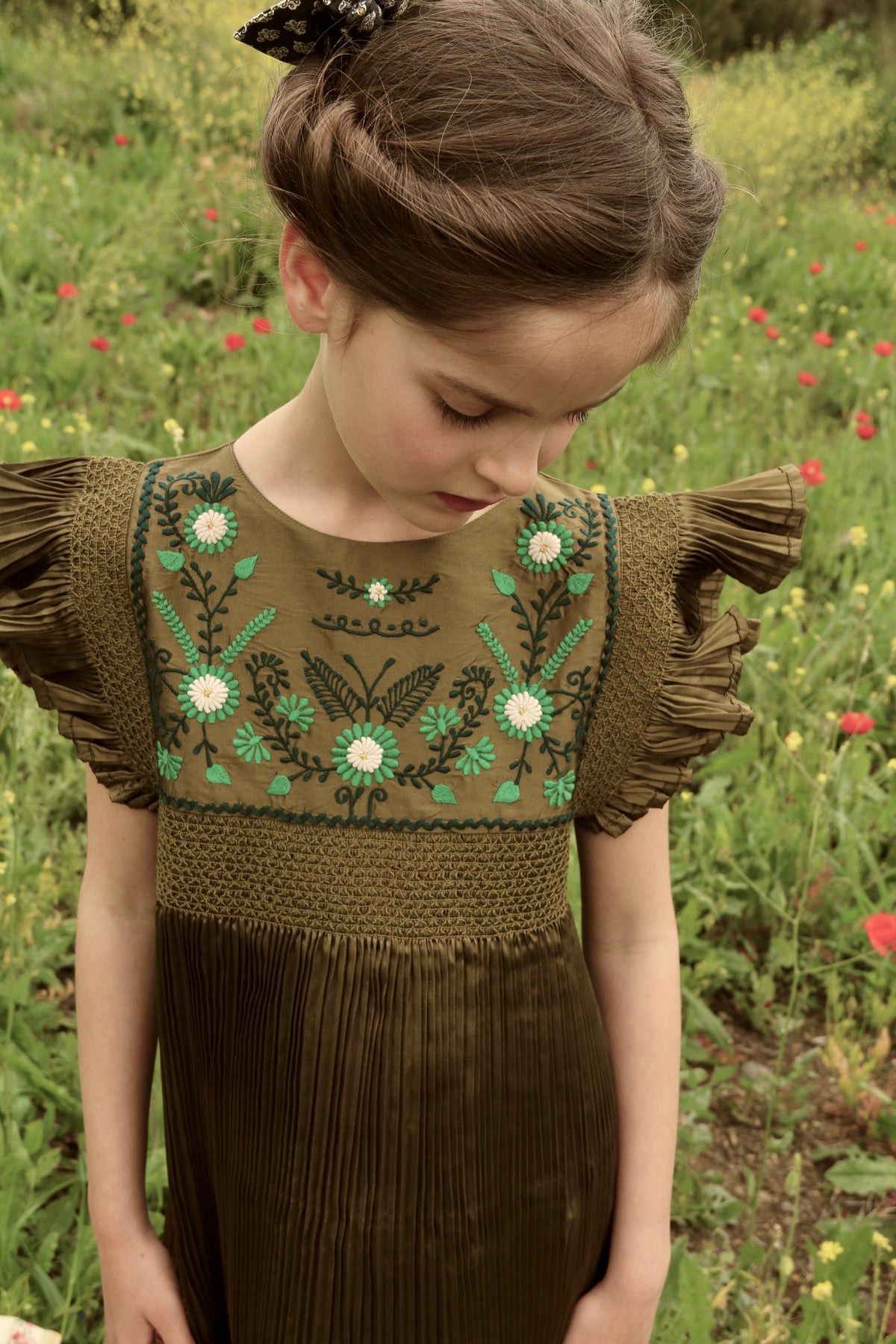 BONJOUR DIARY pleated taffeta embroidered dress / KHAKI