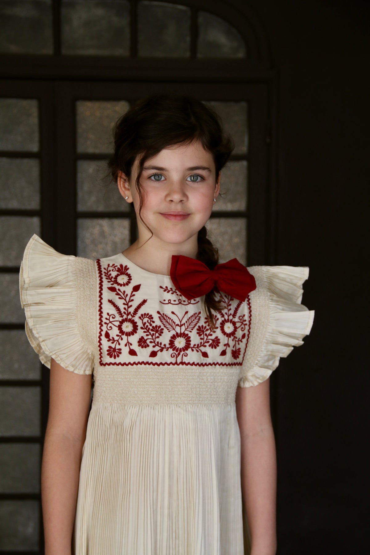 BONJOUR DIARY Ivory pleated taffeta embroidered dress