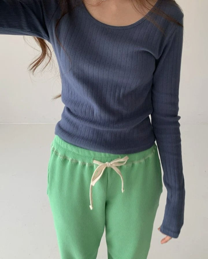 WOMEN&#39;S LONG SLEEVE POINTELLE TEE / NAVY