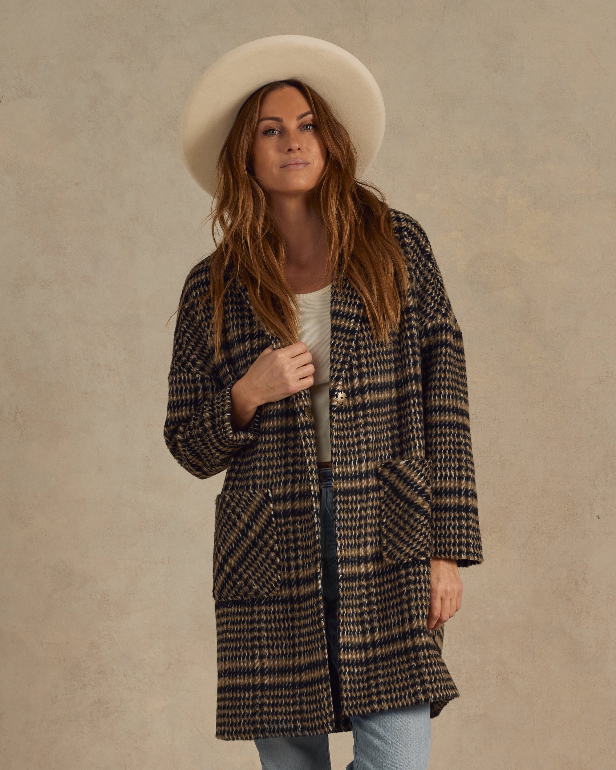 RYLEE + CRU WOMEN'S LONGLINE COAT / BROWN HOUNDSTOOTH