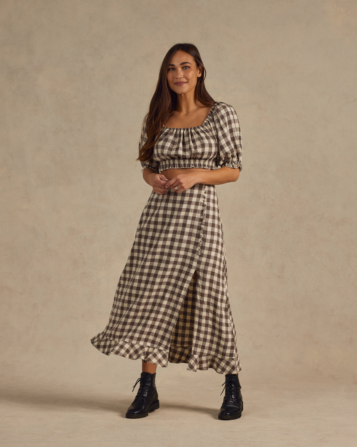 RYLEE + CRU WOMEN&#39;S SEZAN TOP / CHARCOAL CHECK