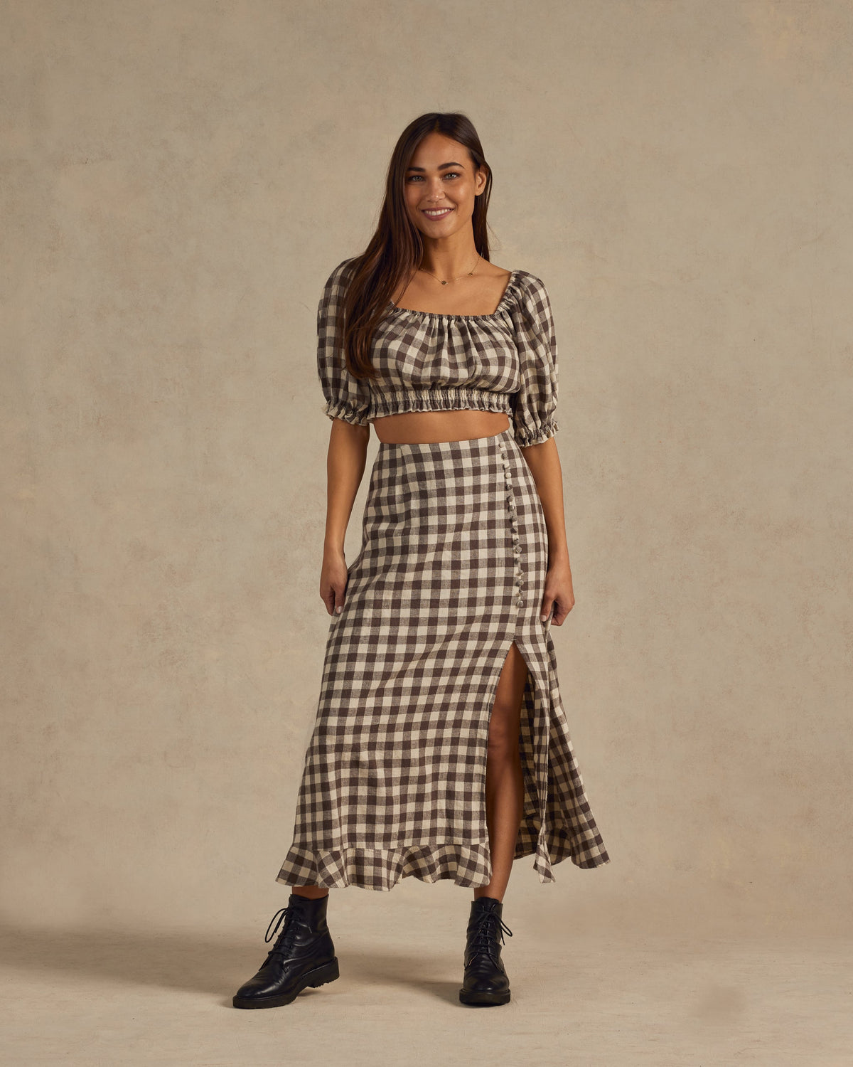 RYLEE + CRU WOMEN&#39;S SEZAN TOP / CHARCOAL CHECK