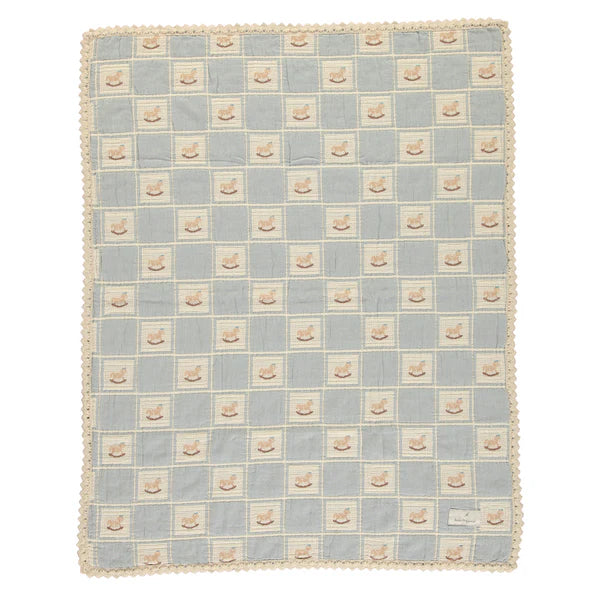 BEBE ORGANIC BLUE ROCKING HORSE PATCHWORK BLANKET