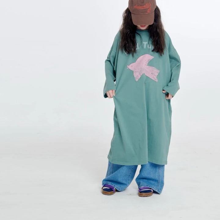 BIRD T-SHIRT DRESS / SAGE GREEN
