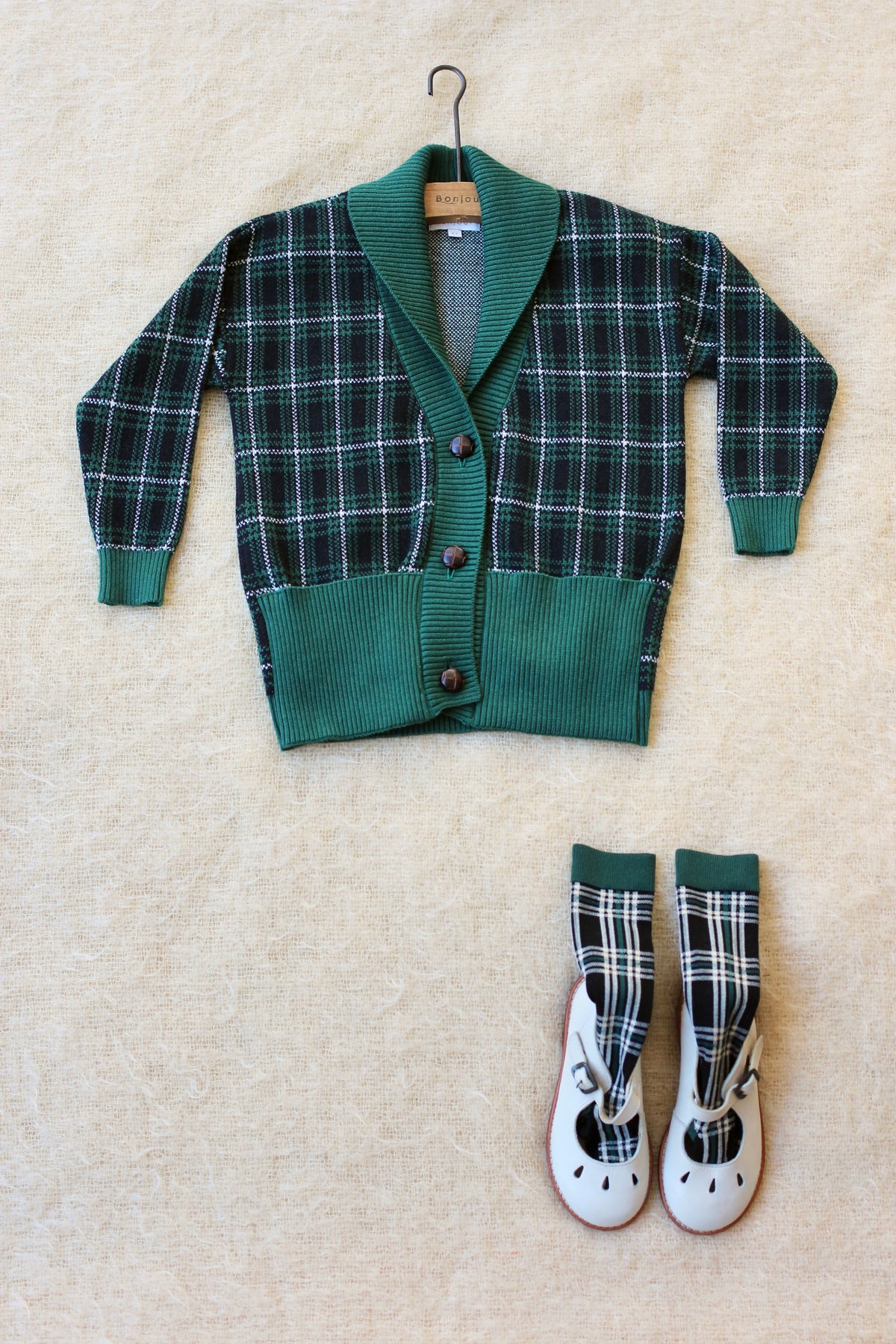 BONJOUR DIARY GREEN CHECKS CARDIGAN