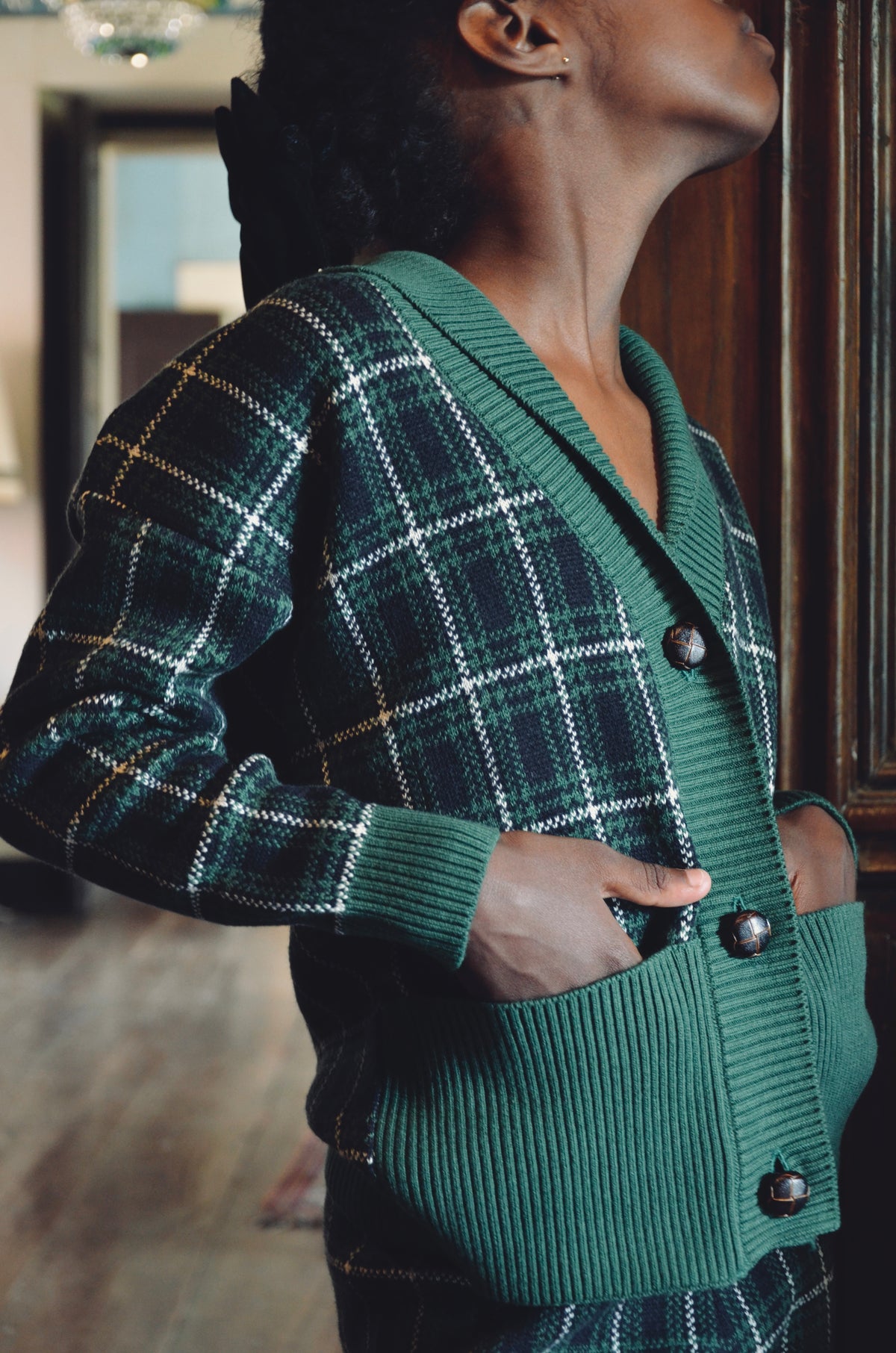 BONJOUR DIARY GREEN CHECKS CARDIGAN