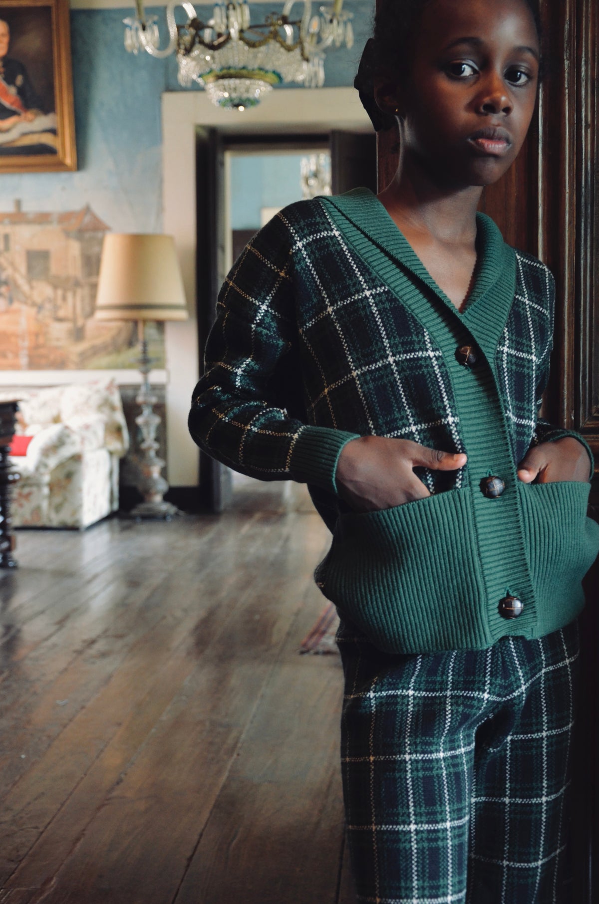 BONJOUR DIARY GREEN CHECKS CARDIGAN