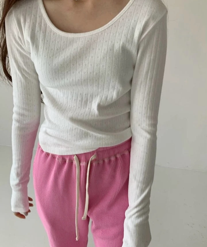 WOMEN&#39;S LONG SLEEVE POINTELLE TEE / IVORY