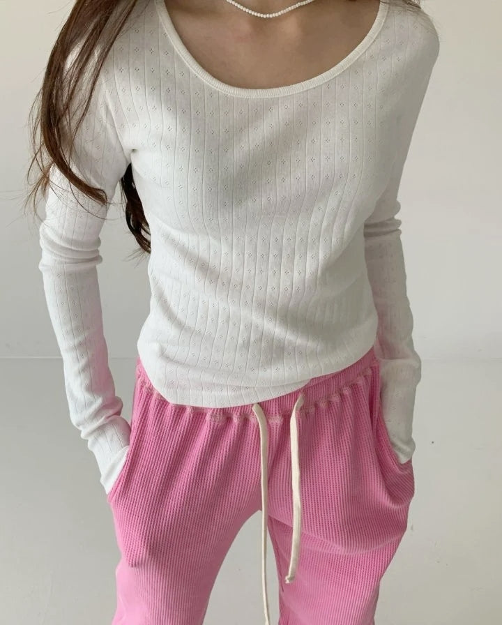 WOMEN&#39;S LONG SLEEVE POINTELLE TEE / IVORY