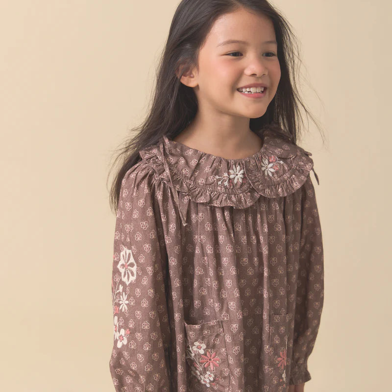 LALI KIDS BELLE DRESS / BROWN BLOCK PRINT
