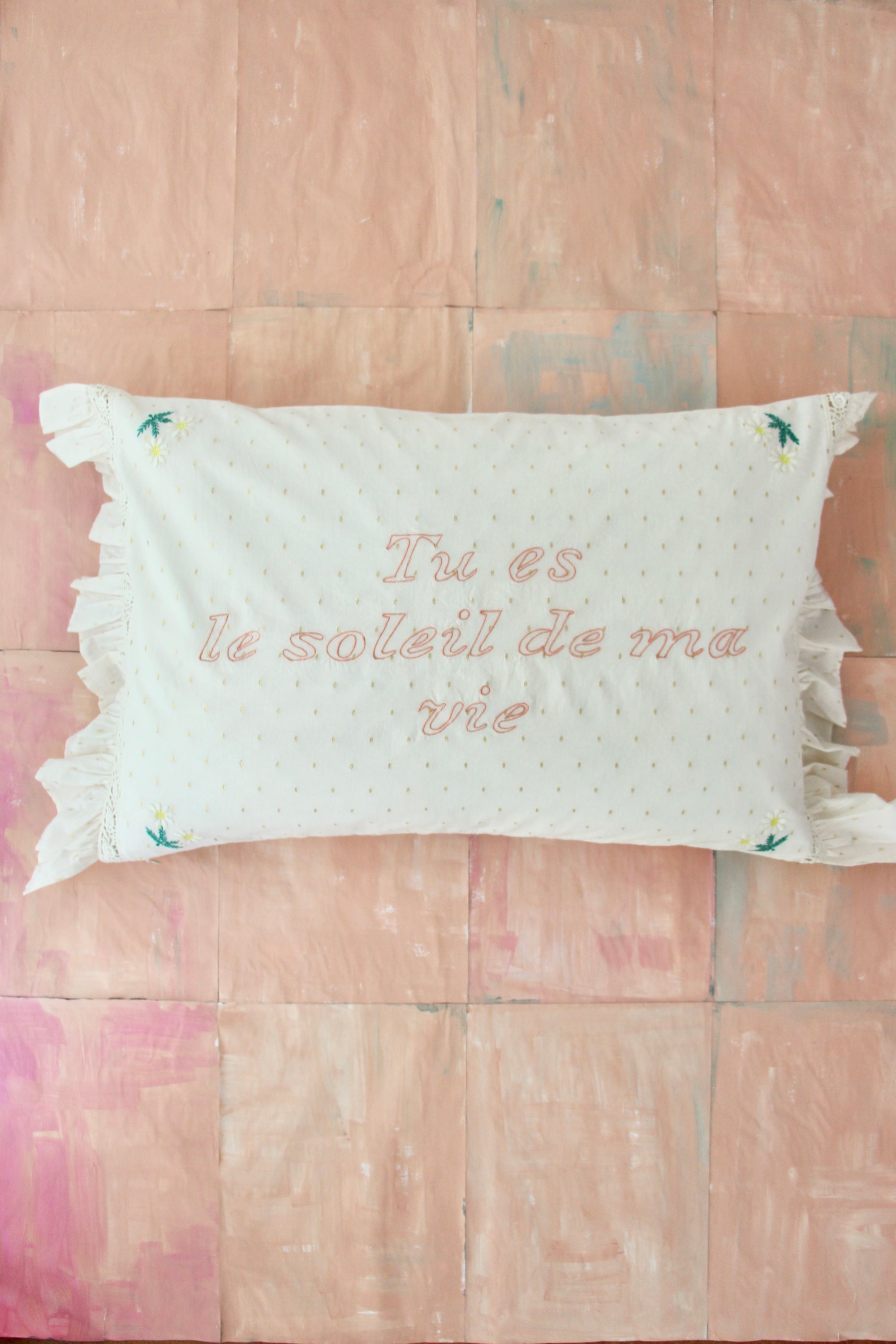 BONJOUR DIARY PILLOW CASE W. LACE & EMBROIDERY / IVORY