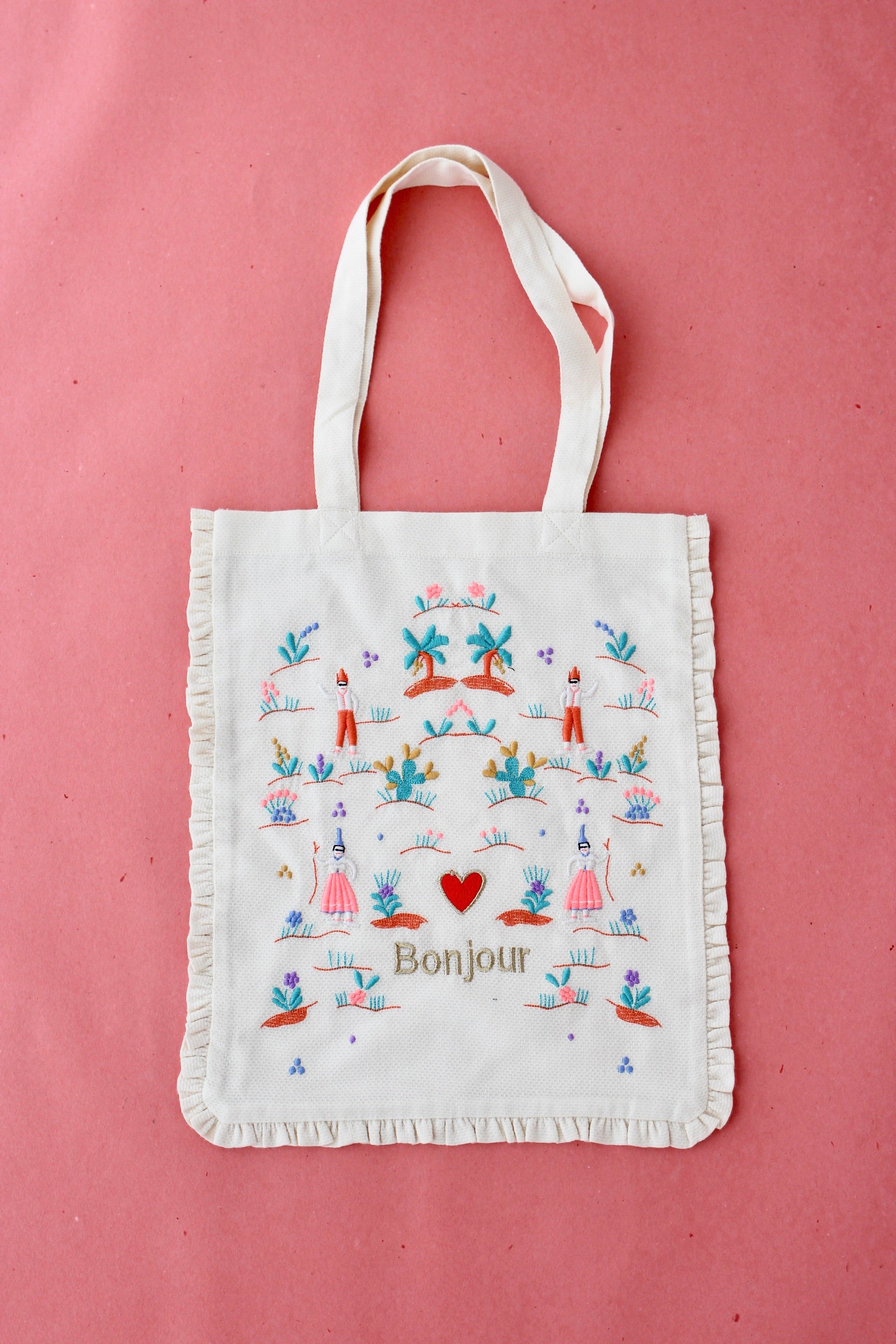 BONJOUR DIARY TOTE BAG W. FLOUNCE / EMBROIDERED