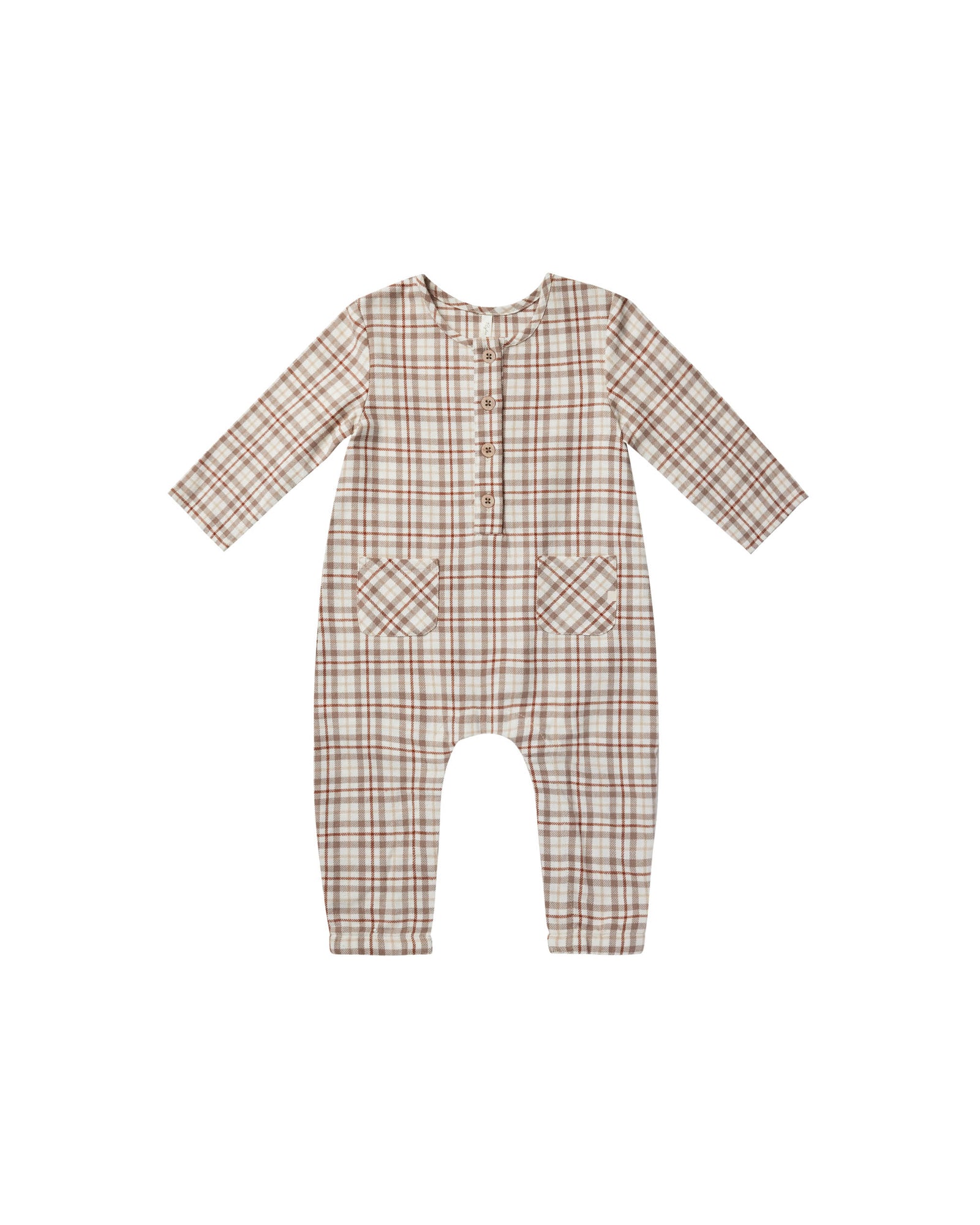 RYLEE + CRU LONG SLEEVE WOVEN JUMPSUIT / MOCHA PLAID