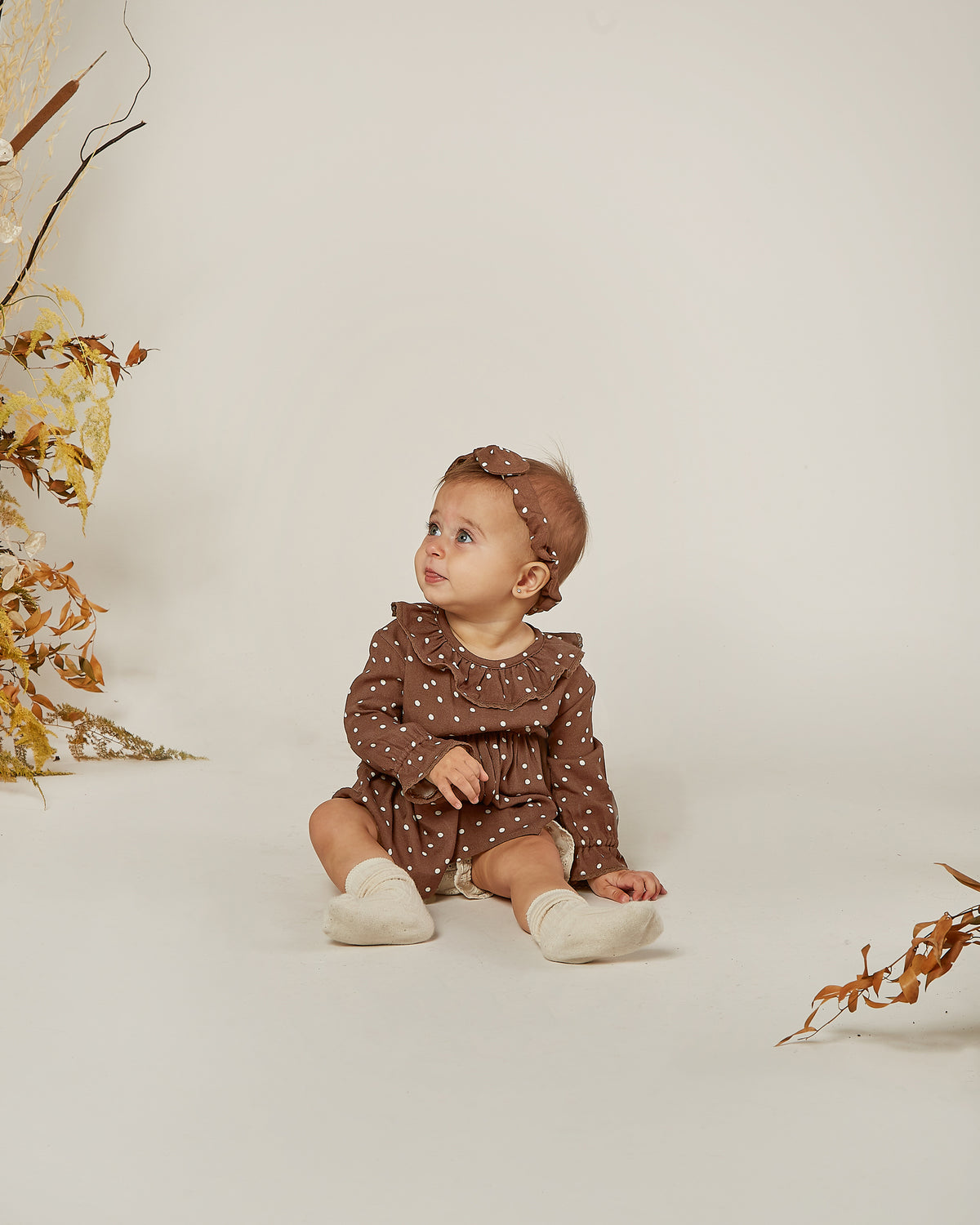 RYLEE + CRU DOT RUFFLE COLLAR BABY DRESS / WINE