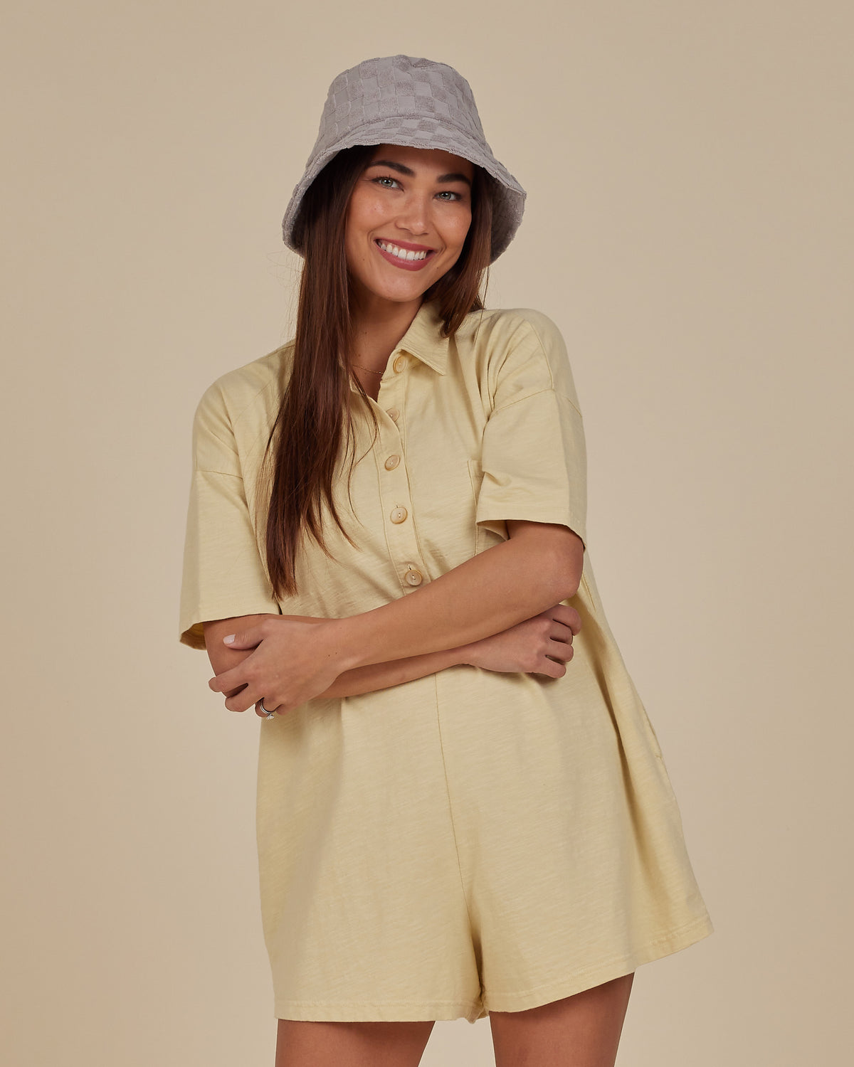 RYLEE + CRU WOMEN&#39;S TERRY BUCKET HAT / CLOUD CHECK